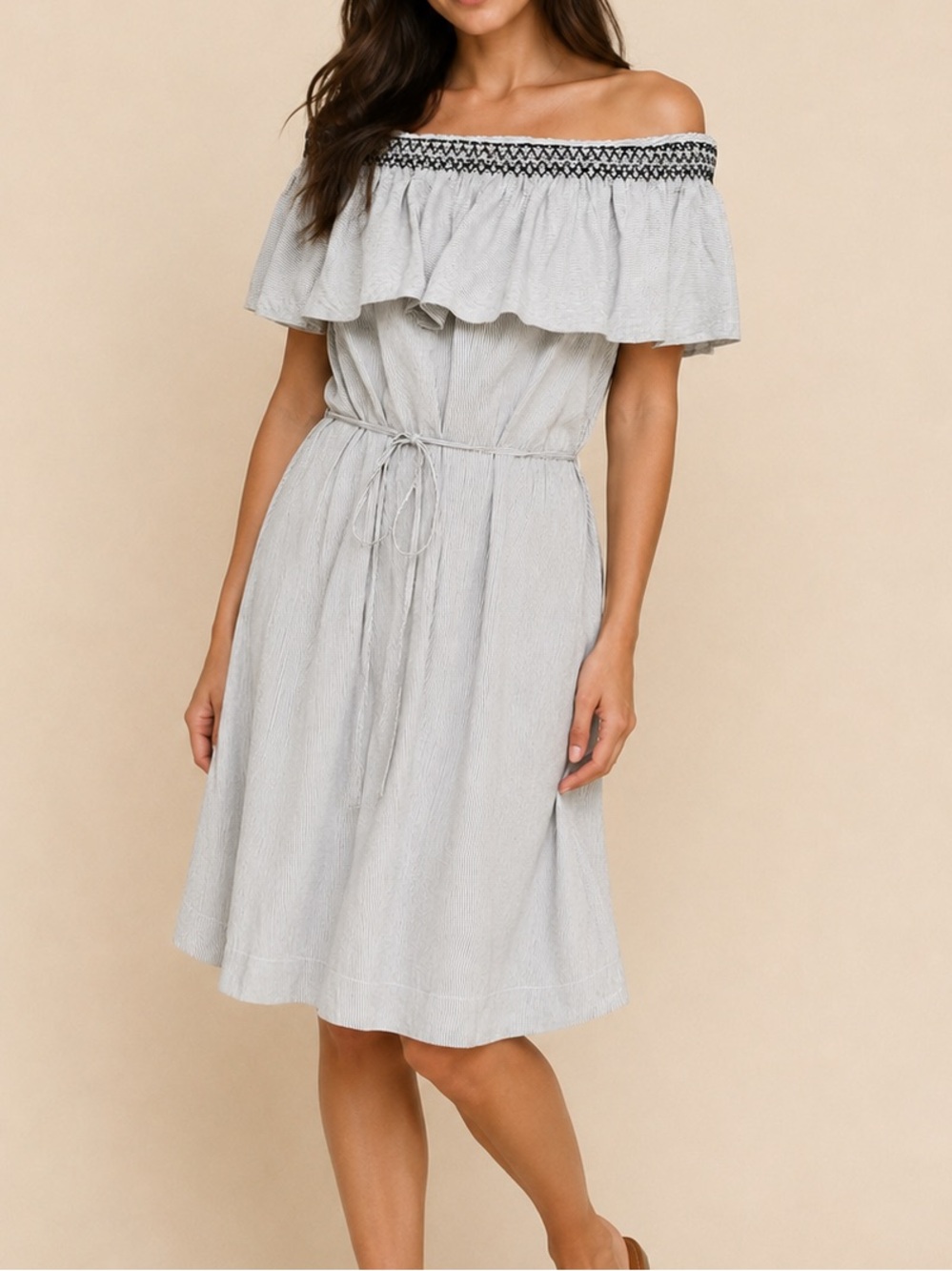LOFT Outlet NWT XL Off Shoulder Pin Stripe Midi Dress Belted
